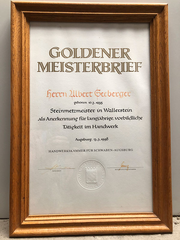 Seeberger Natursteintechnik - Goldener Meisterbrief Albert Seeberger